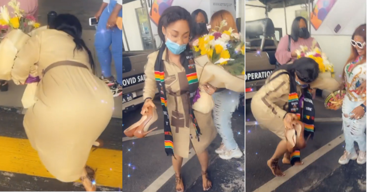 Nigerian Actress Tonto Dikeh Arrives in Ghana amid Music and Dancing; Takes off Shoes in Video