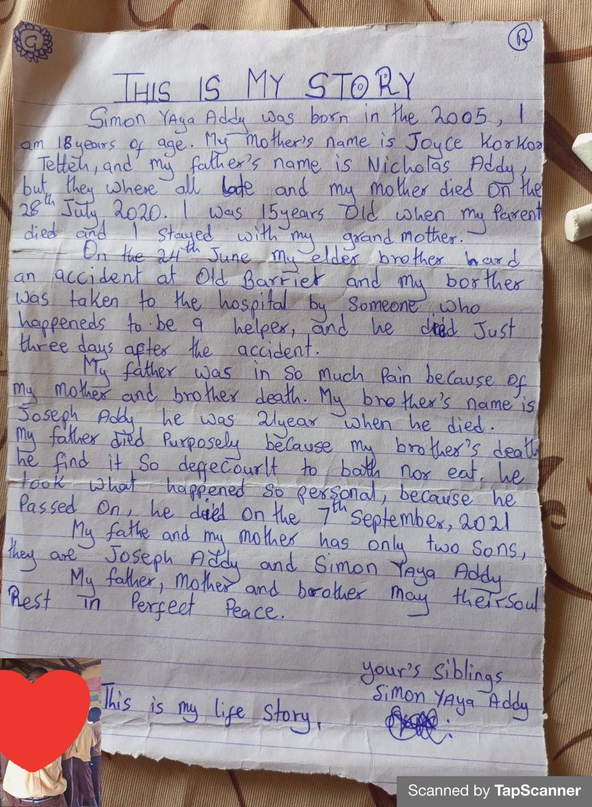 Orphaned class 6 pupil recalls the death of his parents and senior brother.