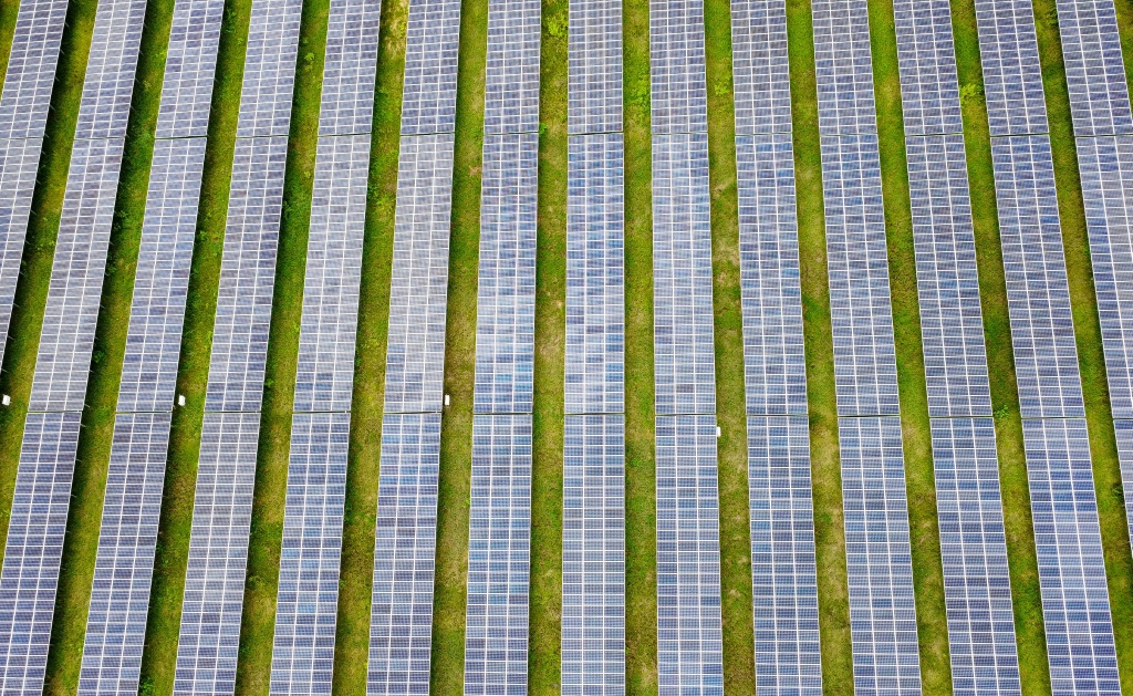 This aerial view shows solar panels at Sao Mai solar energy plant in Vietnam's An Giang province