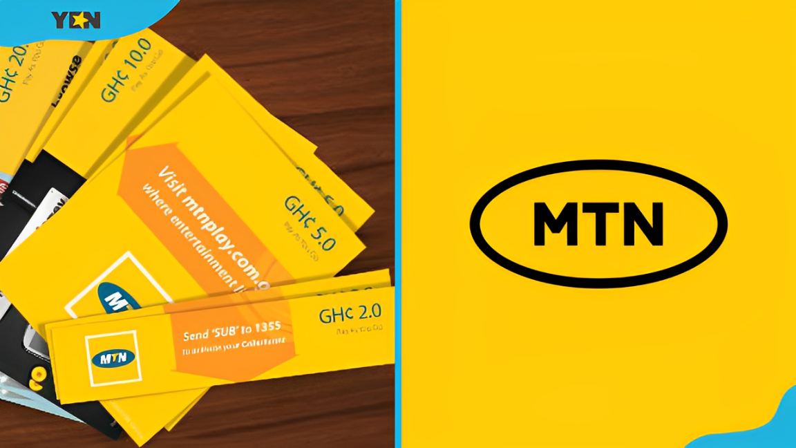 MTN Ghana credit cards (L) and the MTN logo (R)