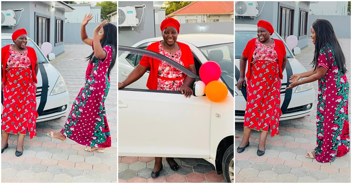 Mum and daughter, woman gifts mother, car gift on birthday