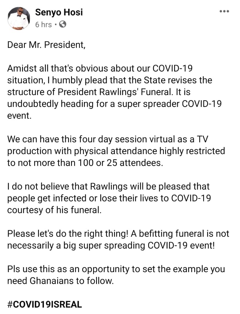 Rawlings funeral will be a super spreader of Covid-19 - Senyo Horsi