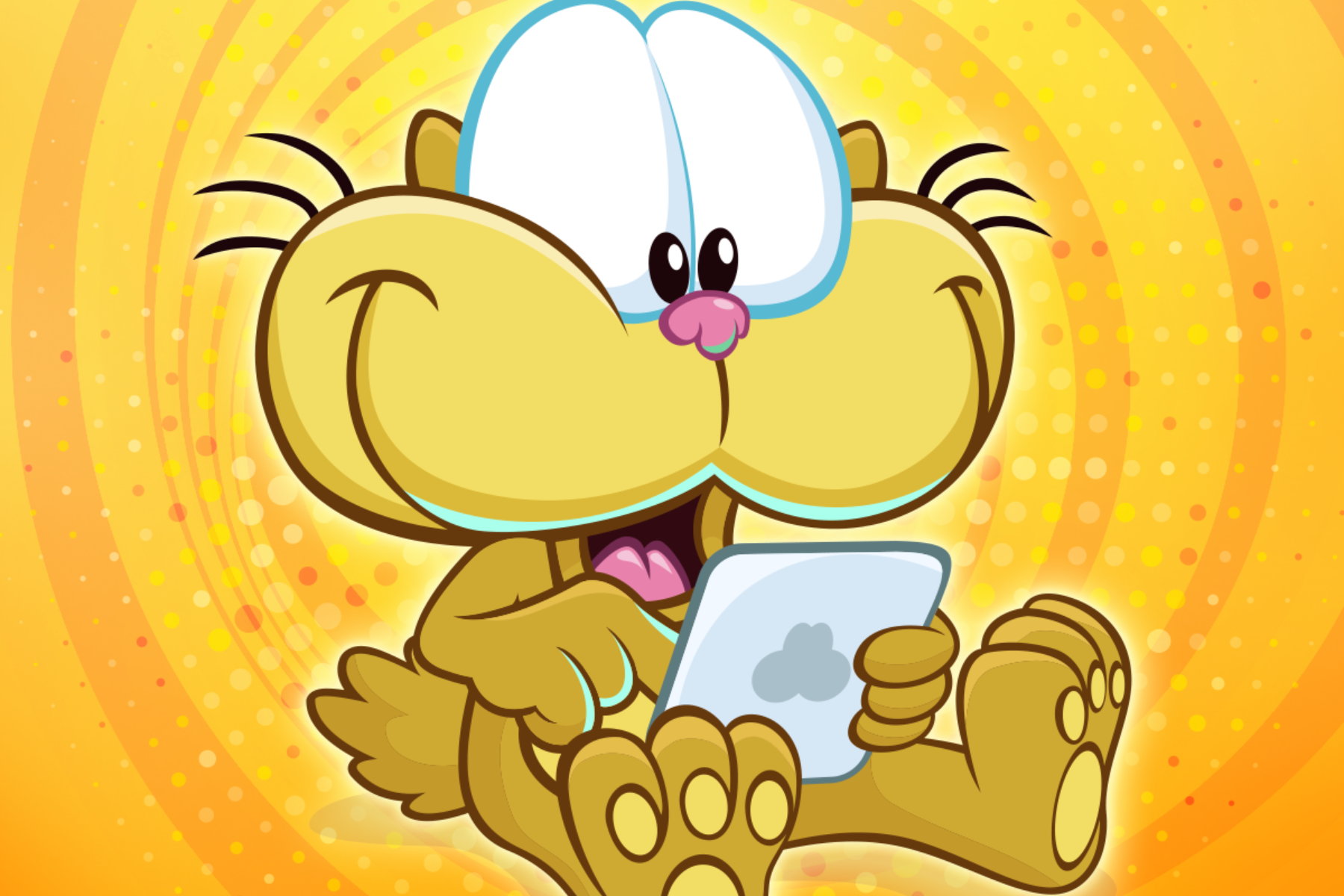 Garfield is scrolling a tablet