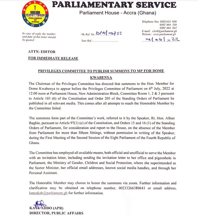 Adwoa Safo's public summons