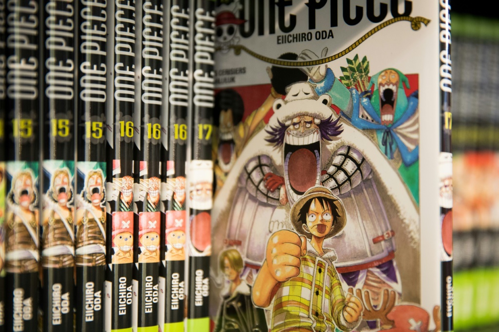 "One piece" comic books by author Eiichiro Oda  are displayed at the Paris Book Fair 2019
