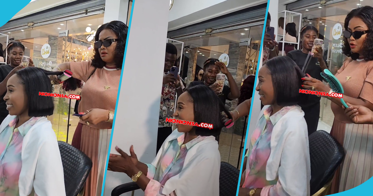Nana Ama McBrown does a client's hair at a salon opening