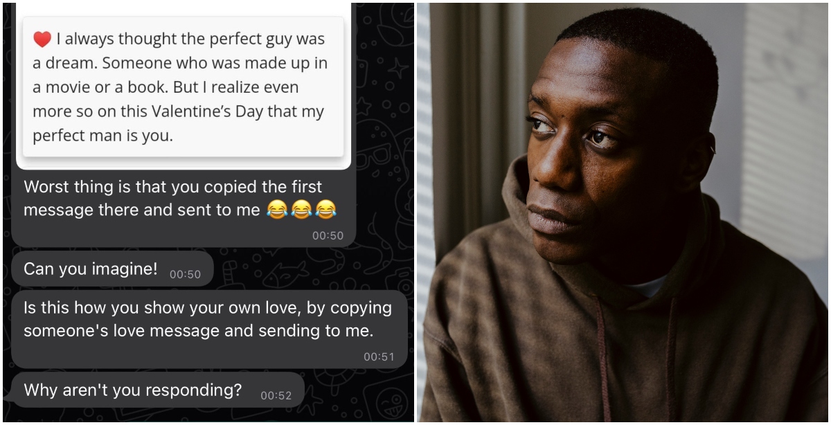 Screenshot of conversation and photo of man looking sad after breakup