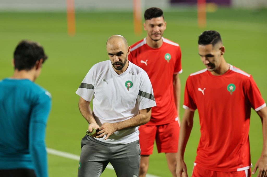 Morocco coach Walid Regragui oversees training at the World Cup
