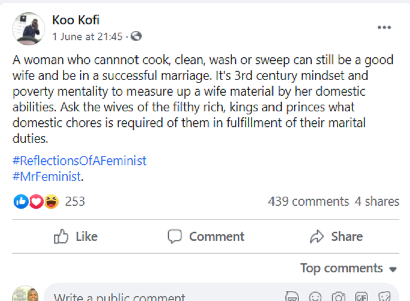 A lady who can't cook, clean & wash can still be a good wife -GH man causes stir