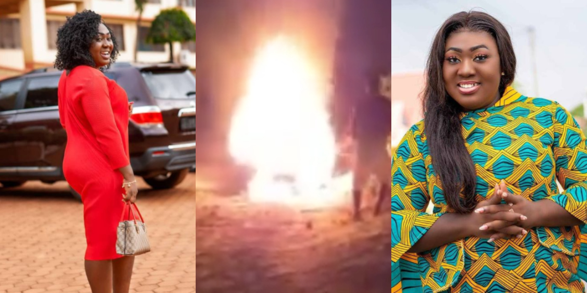 Just in: Kumawood actress Bridget's car destroyed as thug sets her car on fire (Video)