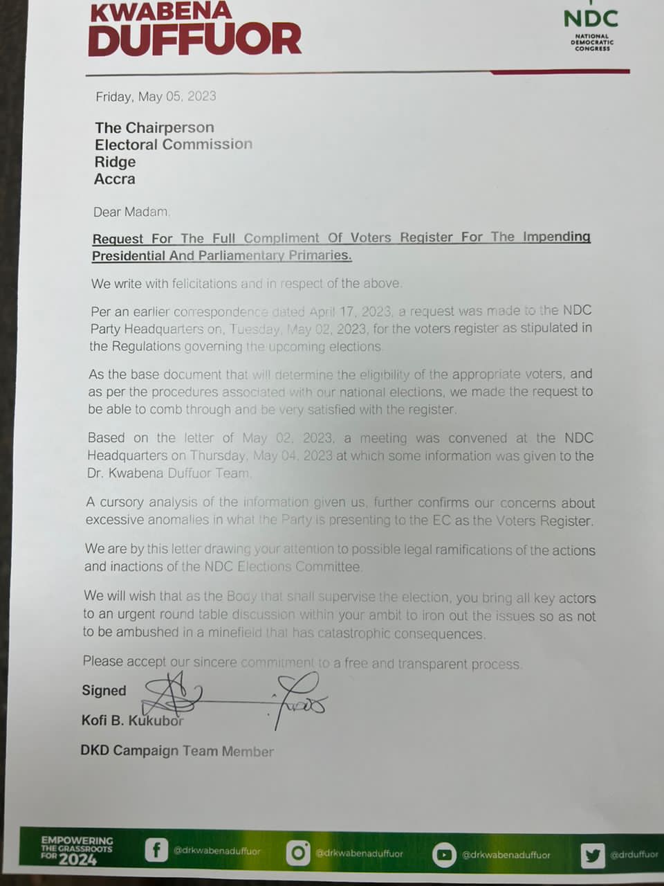 Duffuor campaign's letter to the EC calling for a postponement of the primaries.