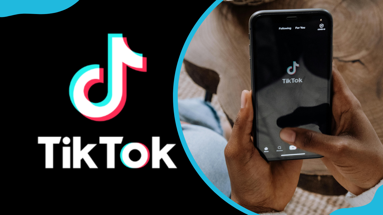 The TikTok logo and a person holding a black android phone is opening the TikTok app