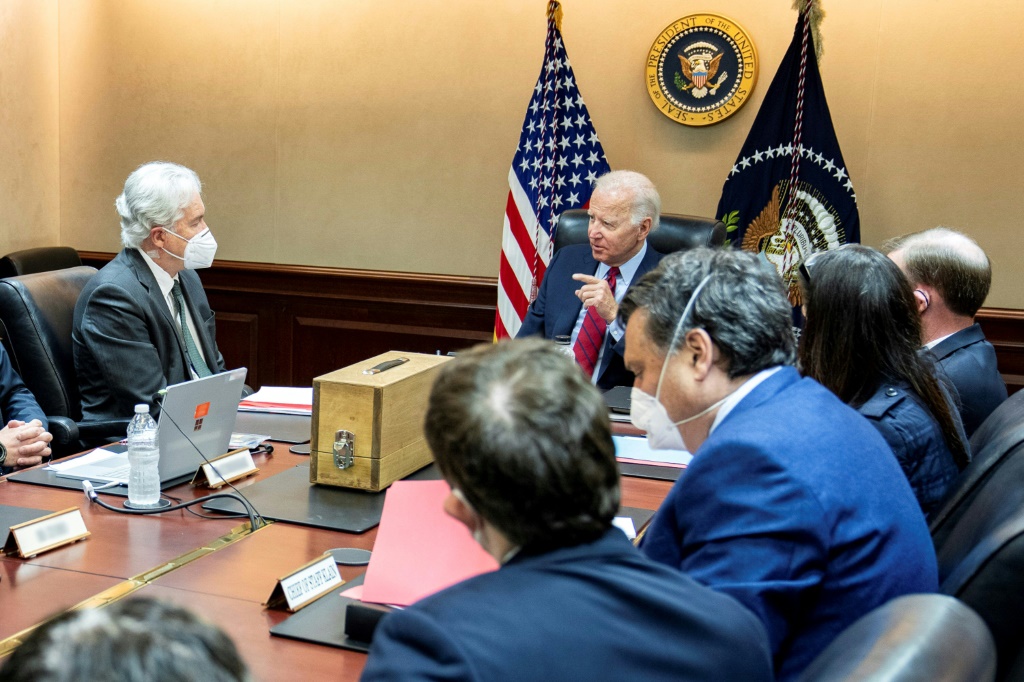 This photo released on August 2, 2022, by the White House shows US President Biden meeting with his national security team to discuss the counterterrorism operation to take out Ayman al-Zawahiri