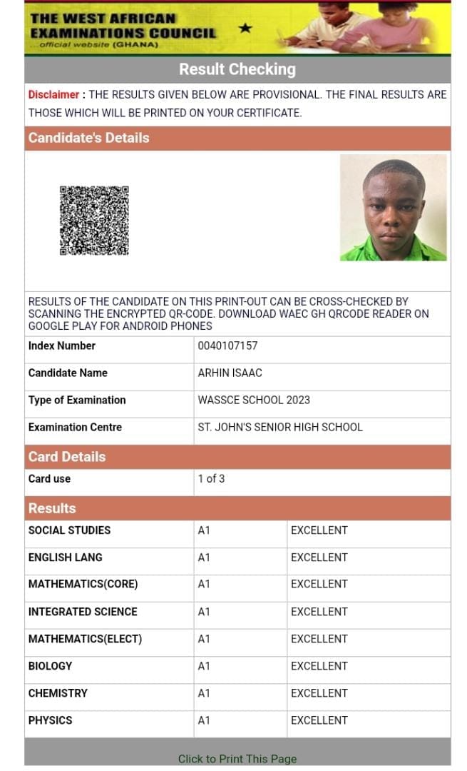 Photo of Arhin Isaac's WASSCE results.