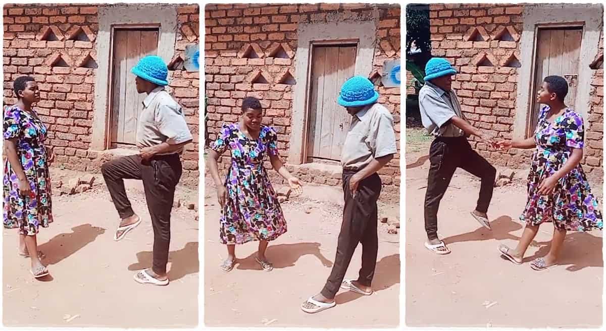 Photos of a lady and a man dancing for each other.
