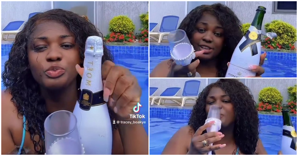 Tracey Boakye slays in a one-piece swimsuit, flaunts her bosom and curves as she pops Moët & Chandon in a pool