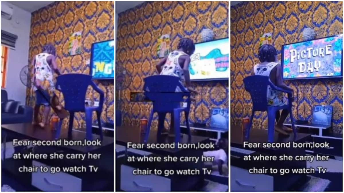 She doesn't want wahala: Reactions as little girl places her chair on table at home to watch cartoon in peace