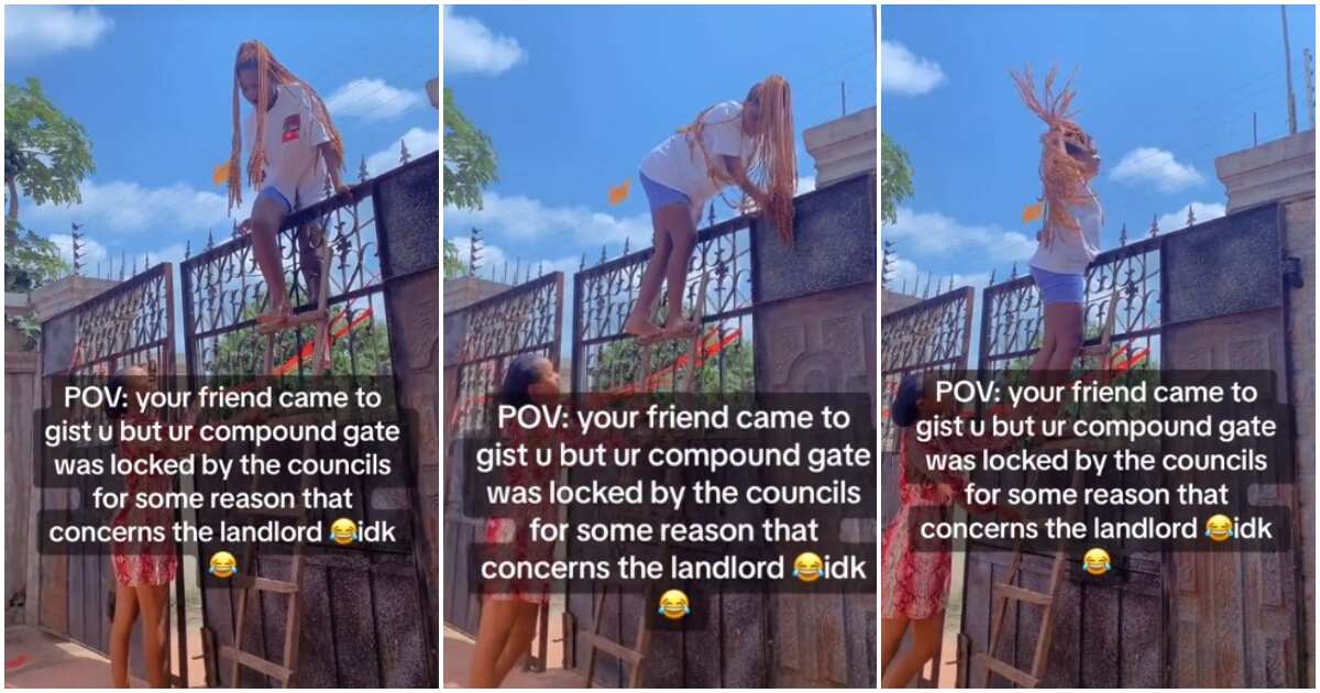 Girl scaling a locked gate