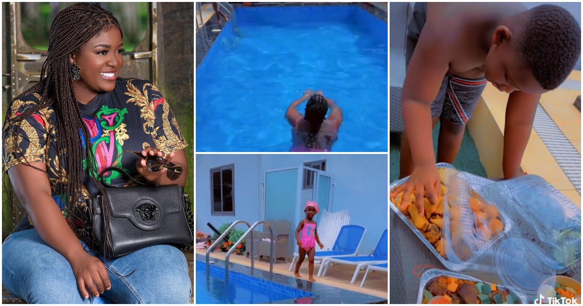 Tracey Boakye: Pretty Actress Chills With Her Kids In Large Pool; Fans Say Money Is Sweet