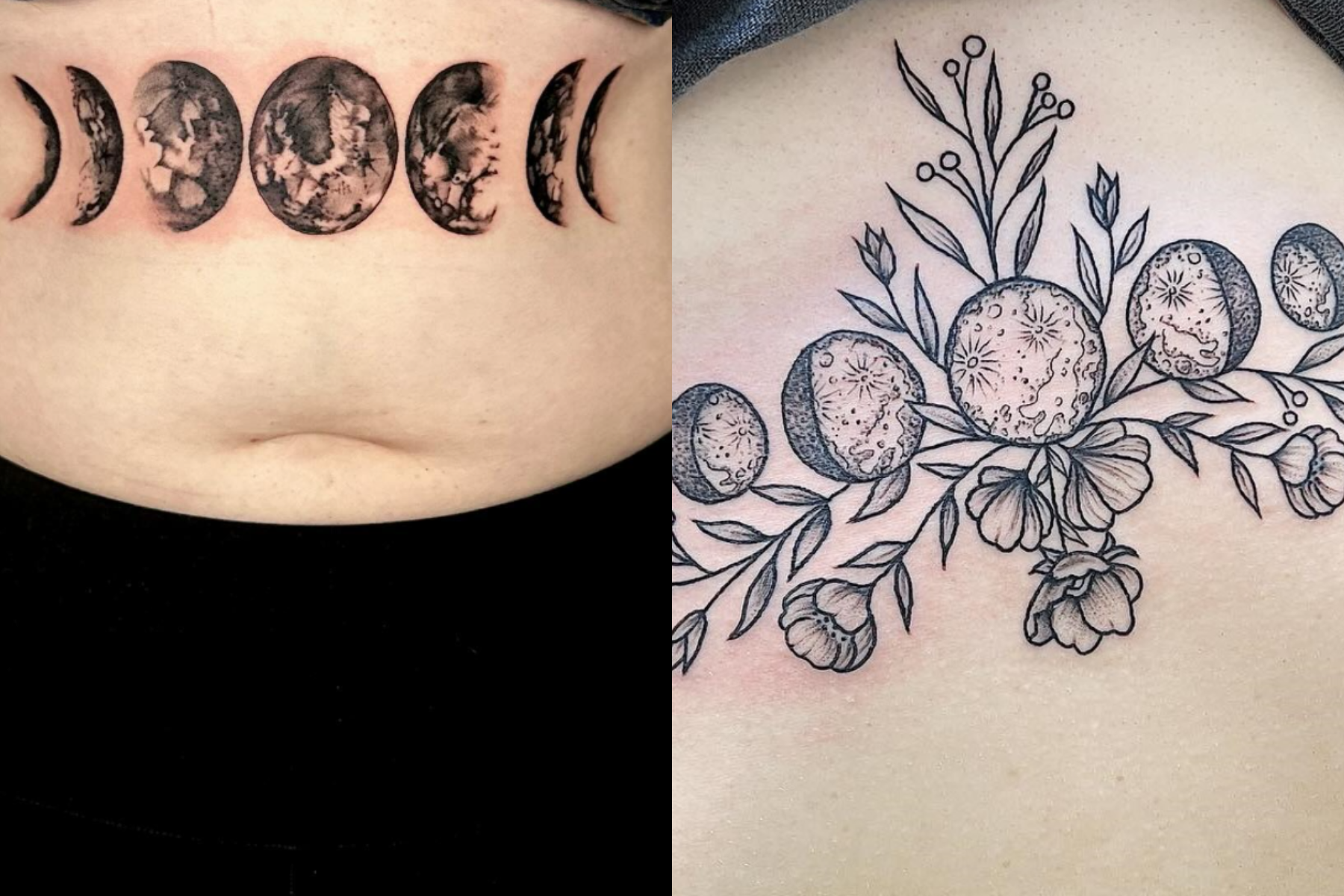Ladies with black moon phase tattoos on their upper abdomen