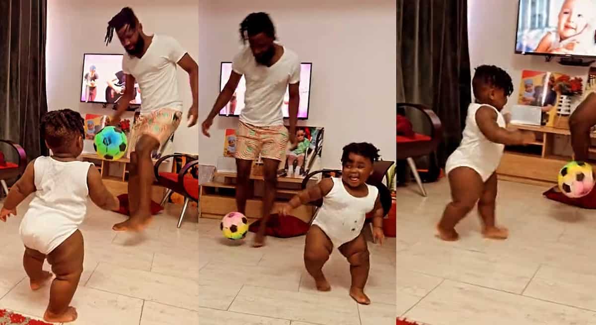 "How old is he?" Plumpy baby boy plays football inside room with his father, video goes viral