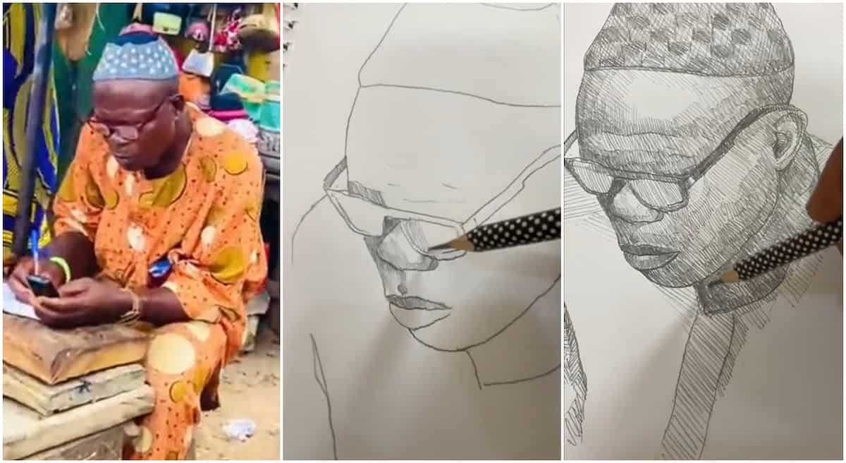 Photos of a meat seller sketched by an artist.