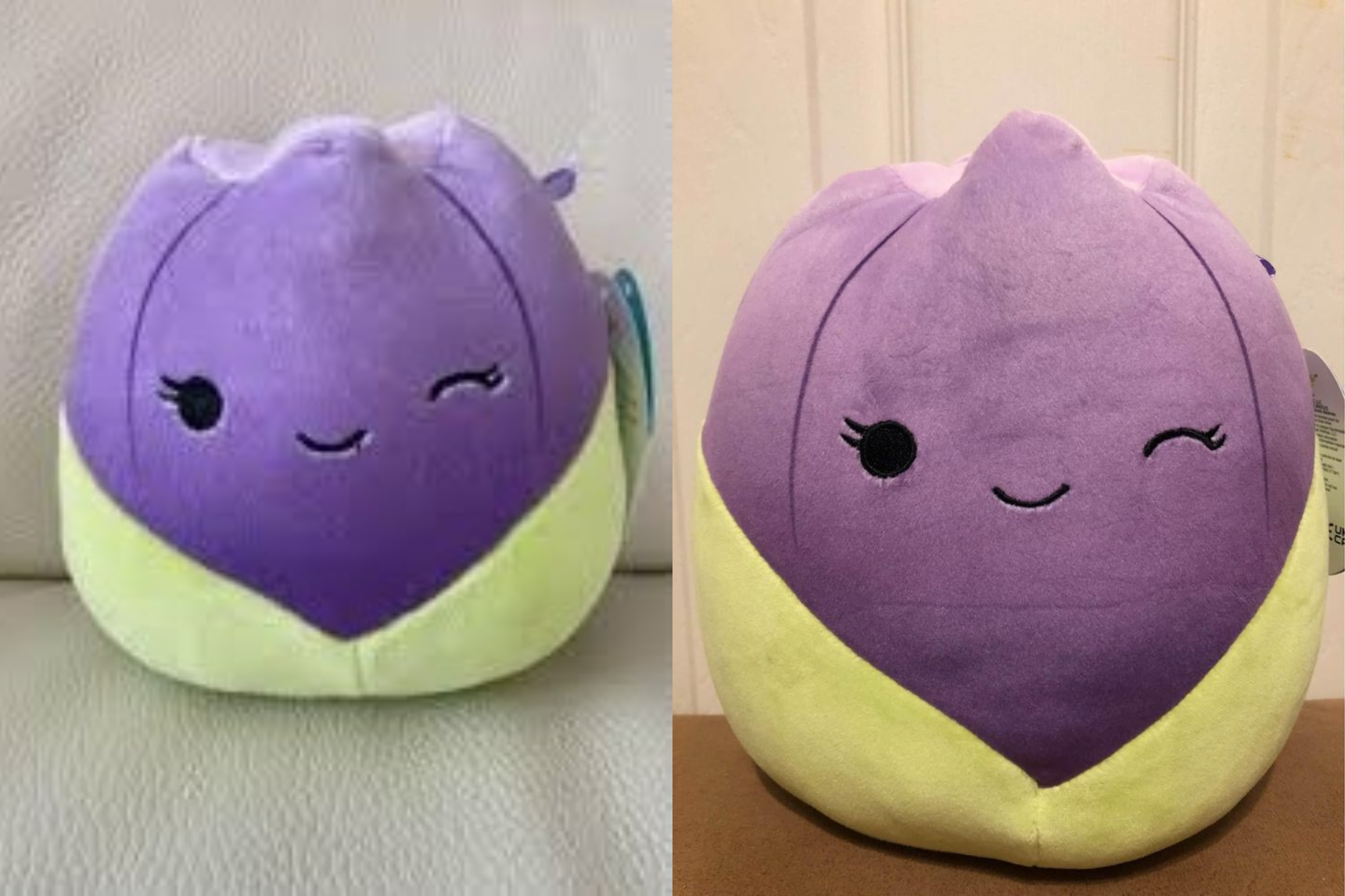 Jackie the Purple Tulip on a leather couch and her with a winking eye