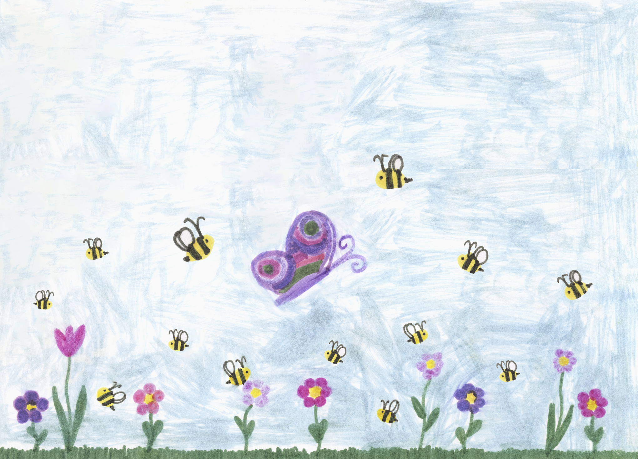 A drawing of a butterfly and bees in a garden