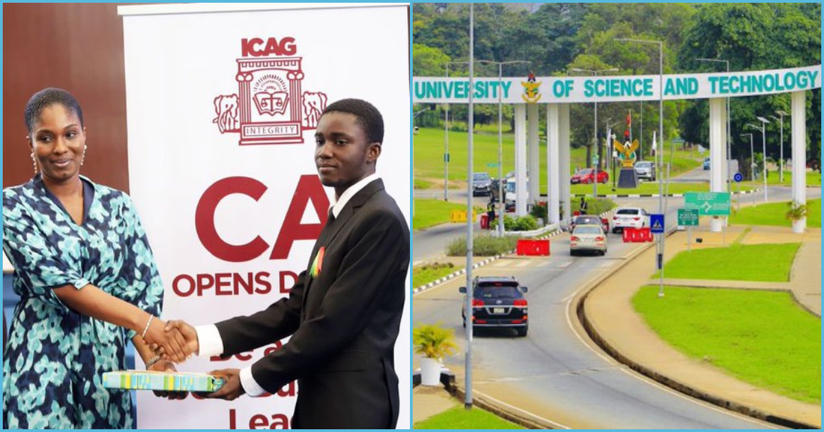 Photo of KNUST student and entrance of the university