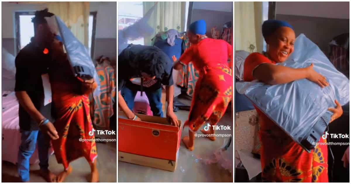 Woman dances for son, son buys mum a TV, Nigerian mum dances