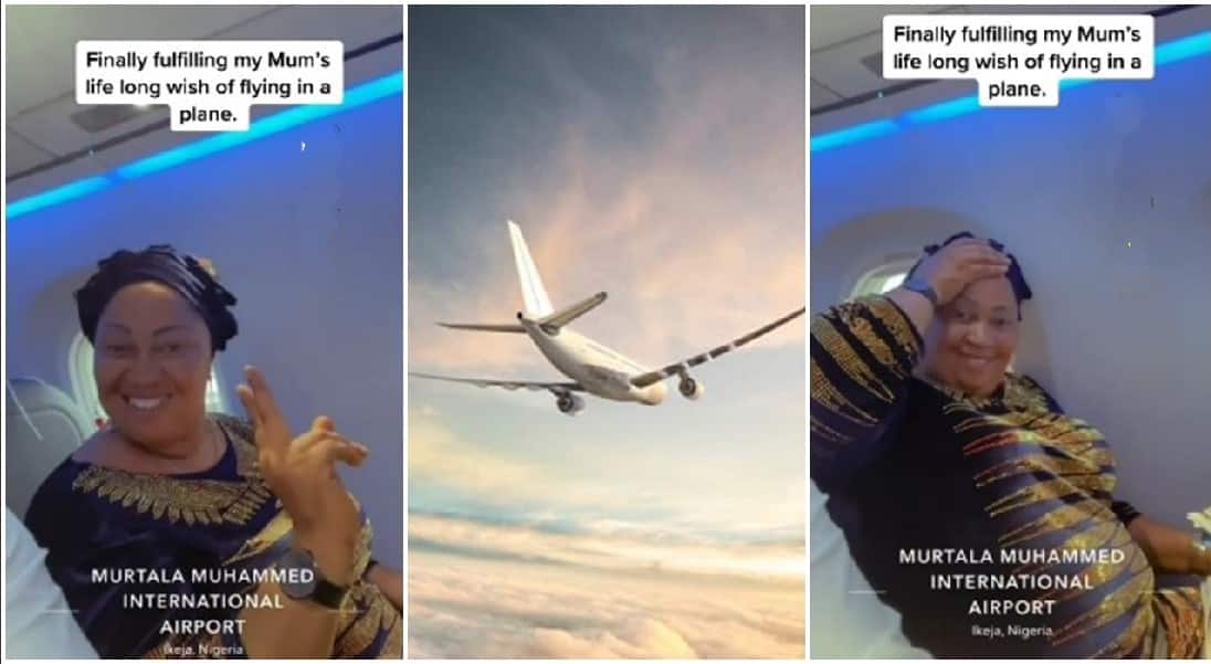 Excited Nigerian mum flies in an airplane for the first time.