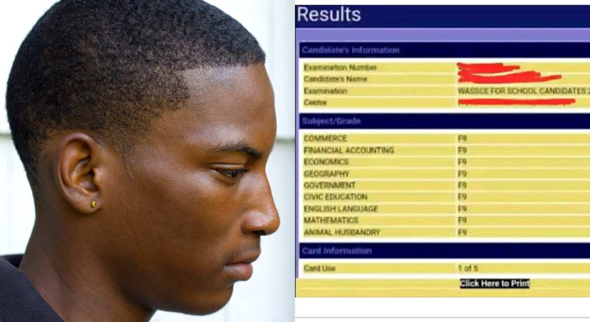 Photos of WEAC result showing that a boy scored F9 in all subjects.
