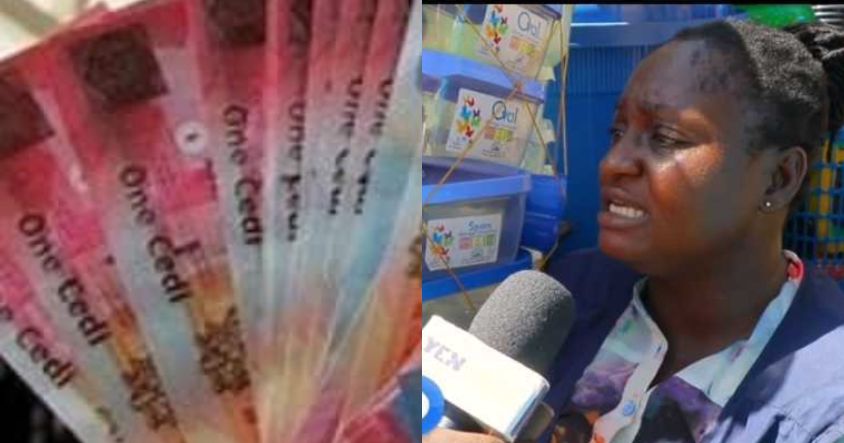 Collage of GHC1 and a trader interviewed by YEN.com.gh