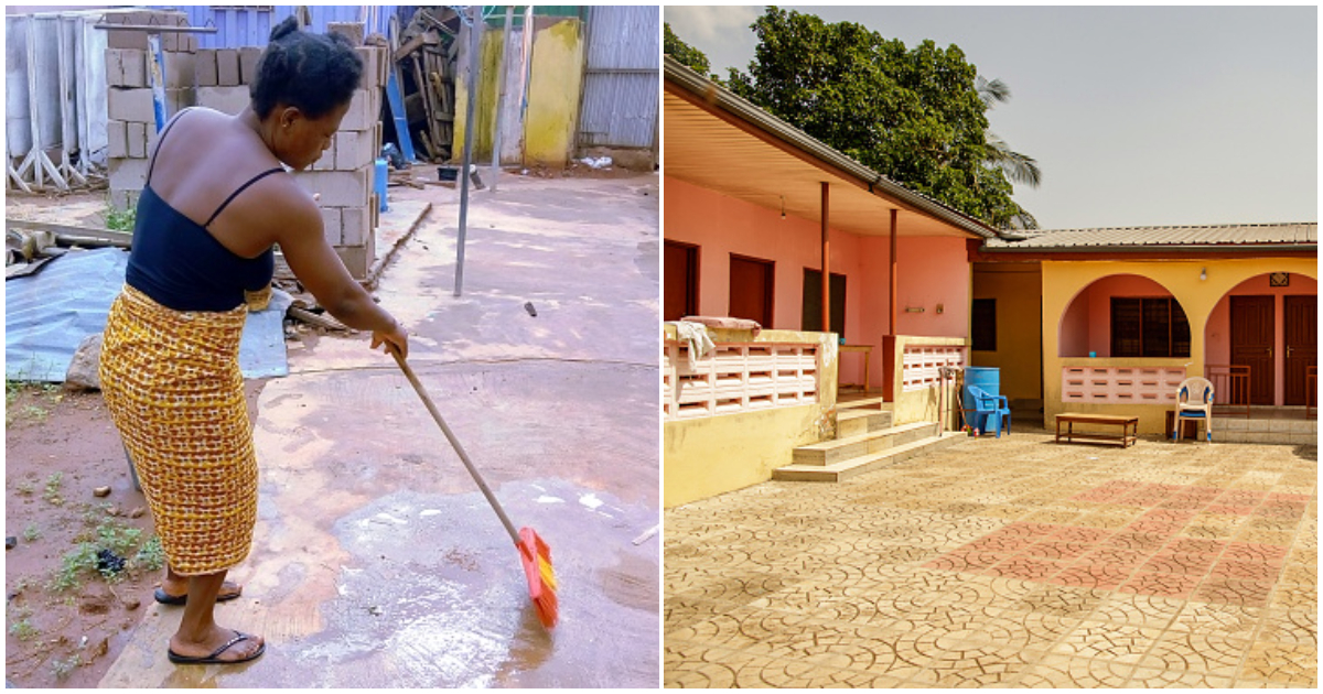 A landlady (left) sweeps the compound of her house