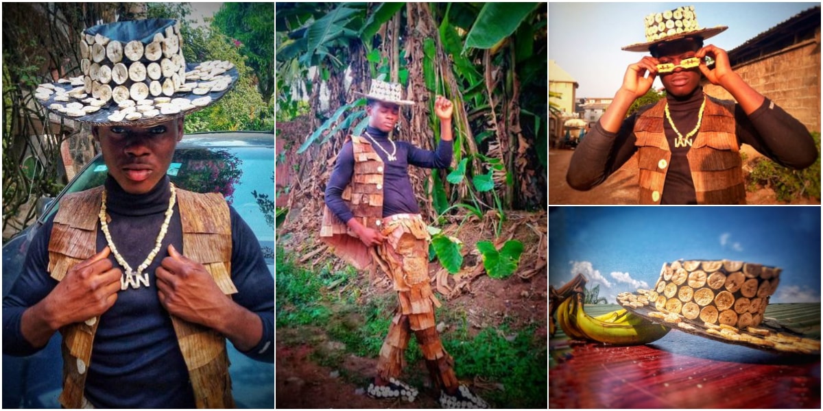 Ebuka Ian: Nigerian man makes jacket, hat and shoes with plantain