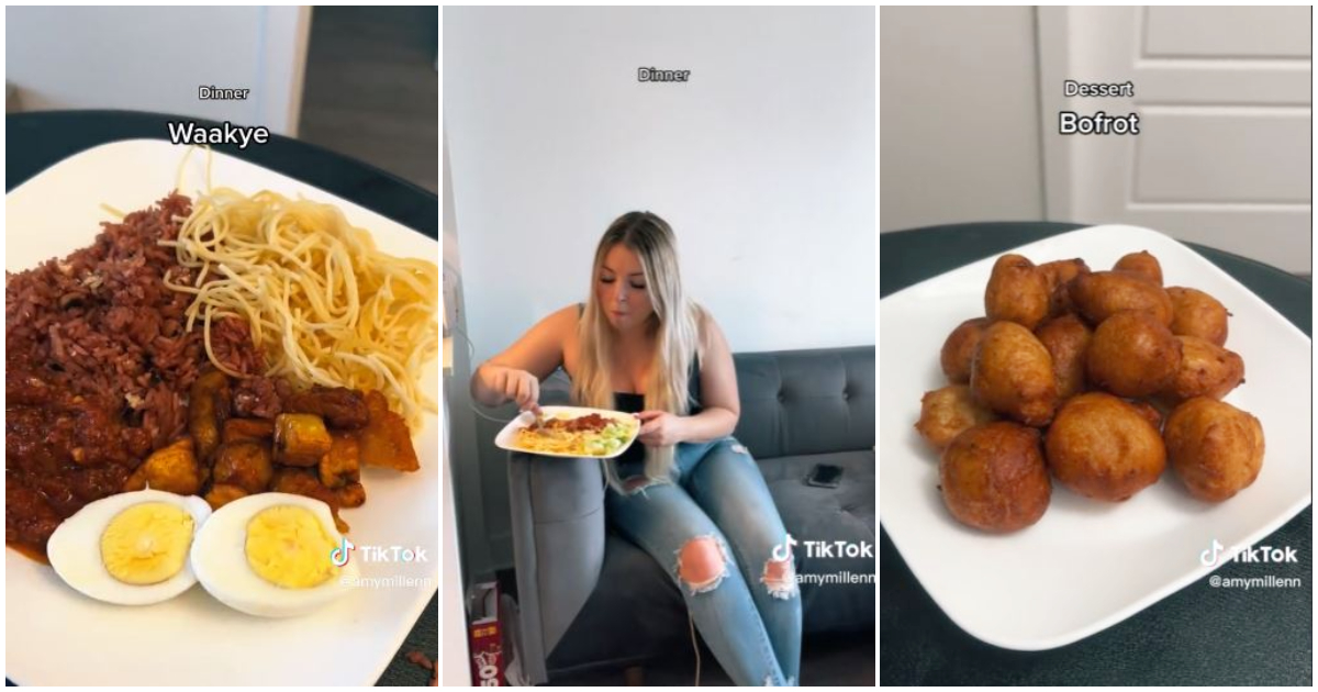 Photos of a white lady eating and the local Ghanaian foods she prepared