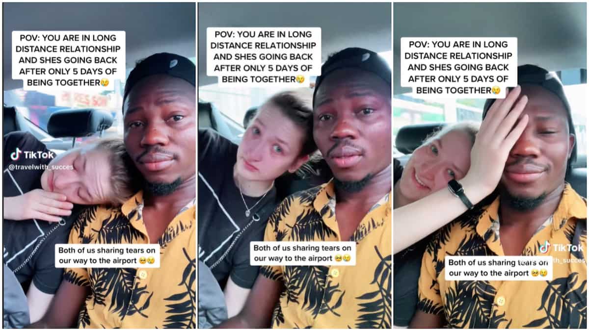 "Long-distance relationship hurts": Man cries on the way to airport as oyinbo lover returns after 5-day visit