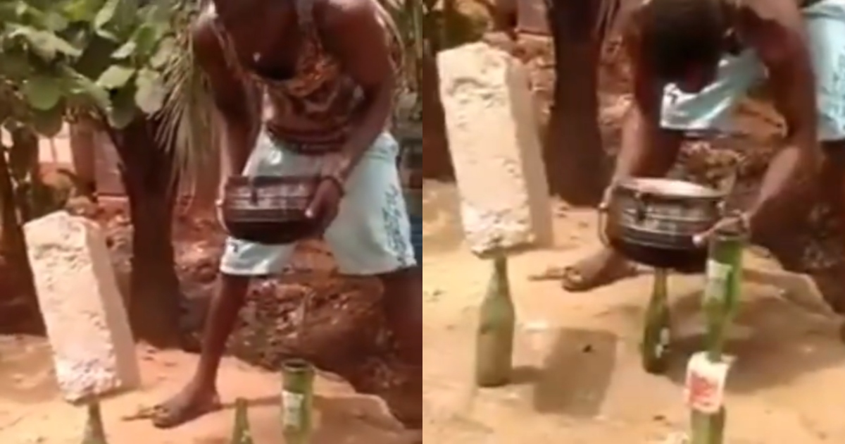 Ghanaians shout as man sets brick and pot standing on bottle in Volta Region