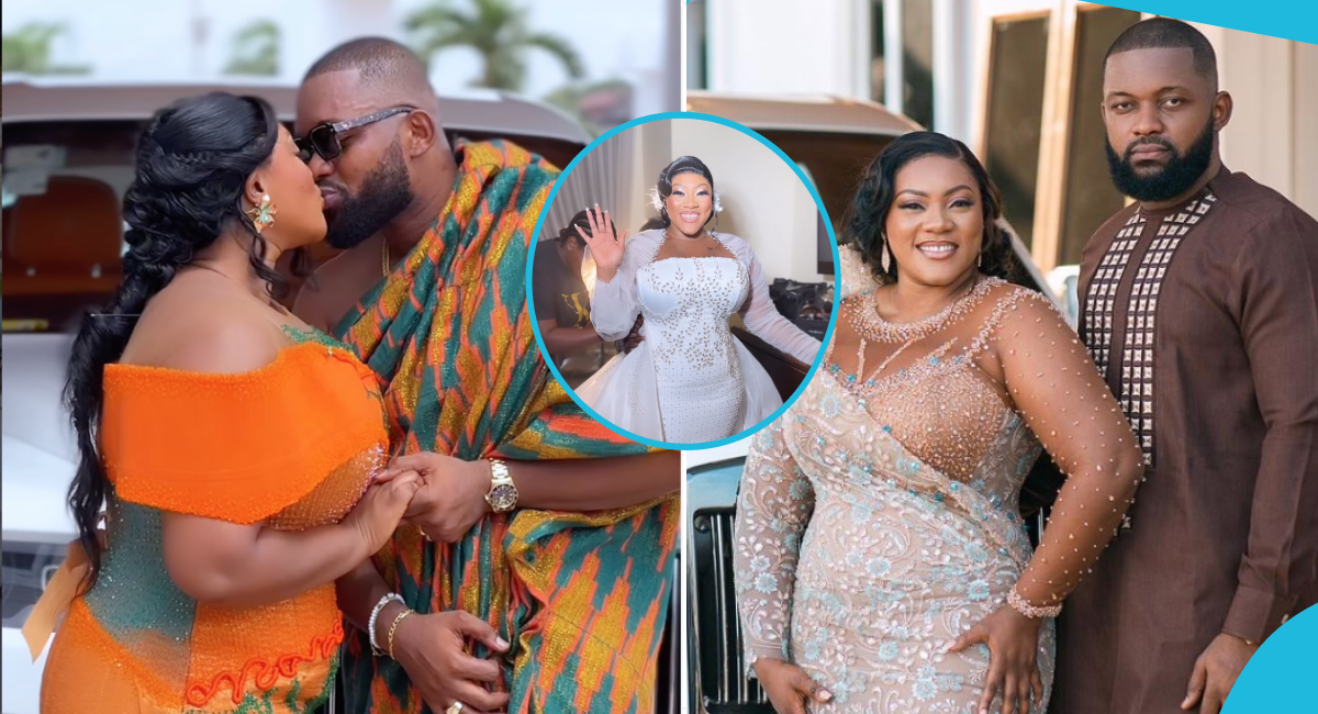 Plus-size Ghanaian bride stuns in a stylish draped shoulder kente gown for her classy wedding: "Love is sweet"