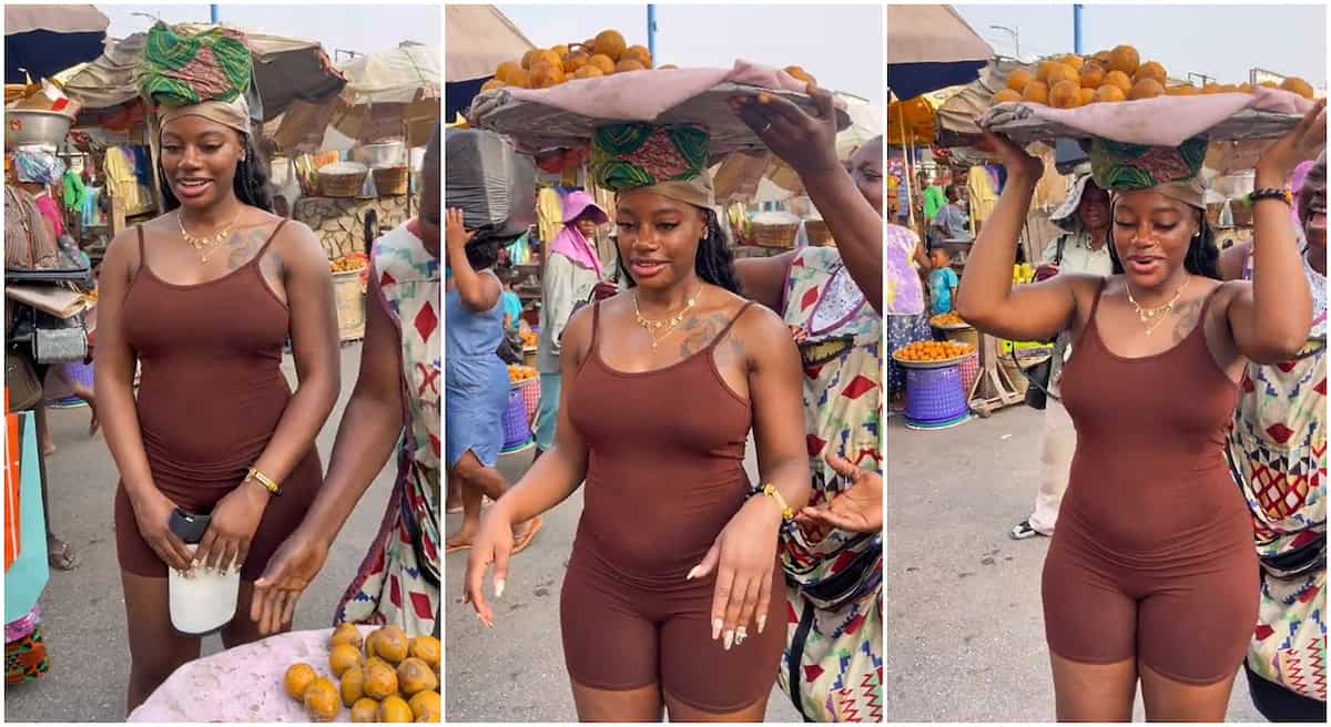 Photos of a curvy lady selling African star apple.