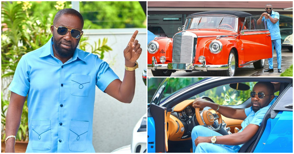 Osei Kwame Despite: Ghanaian millionaire rocks in blue outfit, shows off Bugatti and Benz in photos: "One of the Realest GOAT"