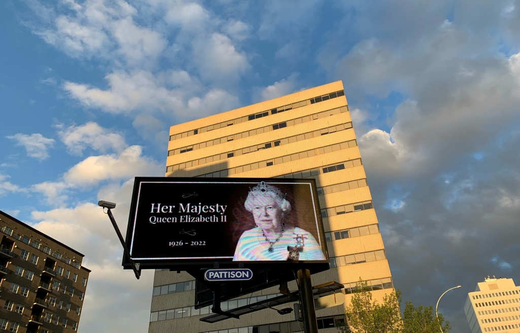 A digital billboard honors Britain's Queen Elizabeth II on September 9, 2022, in Regina, Saskatchewan, Canada