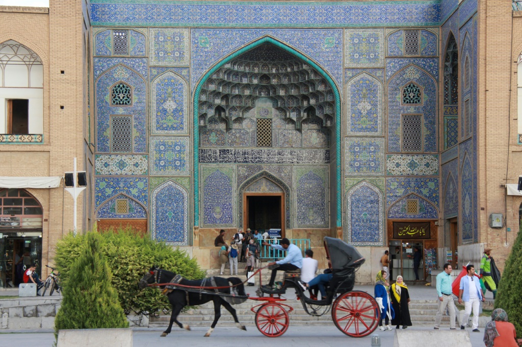 Tourists visit the Lotfallah Mosque on Naqsh-e Jahan Square in the central Iranian city of Isfahan