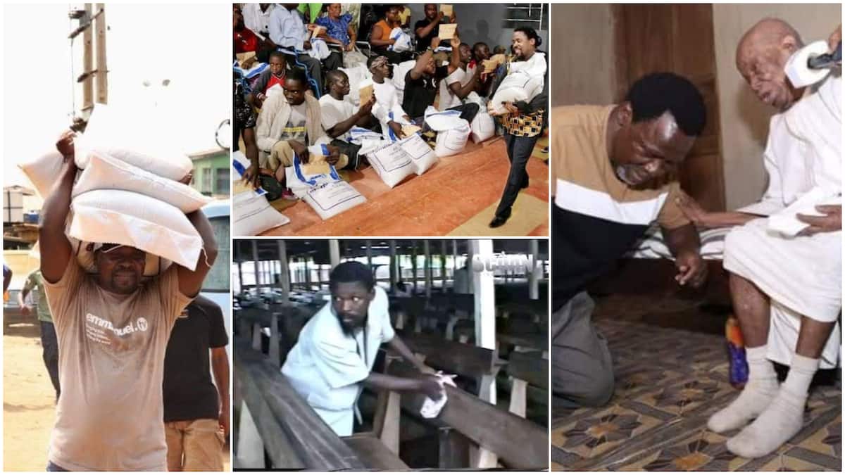 Throwback Photos of TB Joshua Capture Moments He Shared Bags of Food to Poor People, Clean Church Chairs