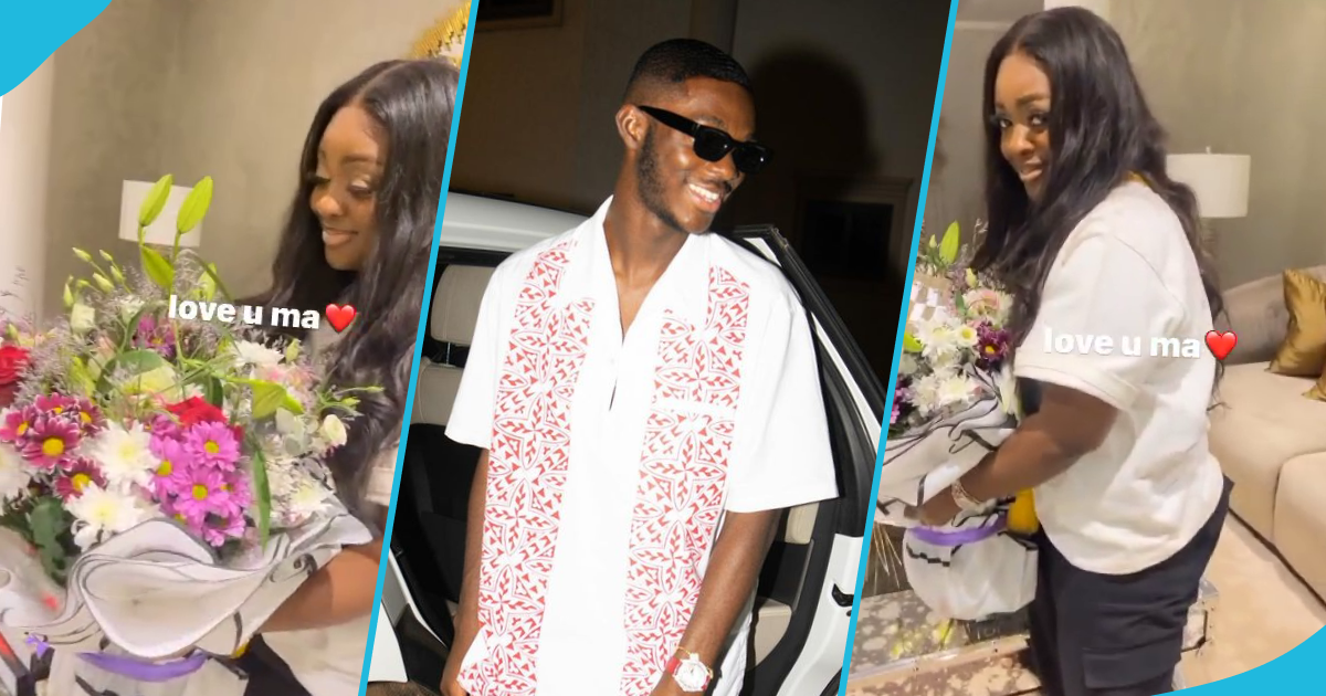Jackie Appiah's son Damien Agyemang surprises her with a flower bouquet on her 40th birthday