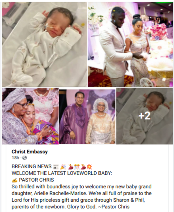 Pastor Chris' Daughter Sharon and Ghanaian Husband Philip Frimpong Welcome Their 1st Child (Photos)