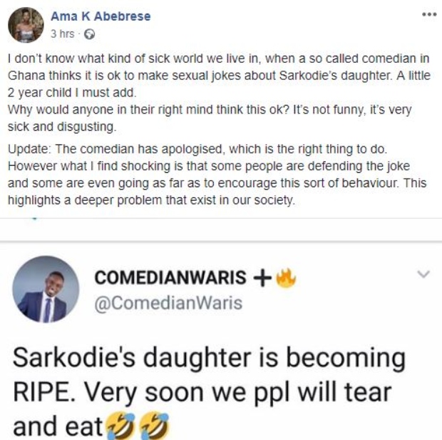 Ghanaian comedian hot over joke about Sarkodie’s daughter
