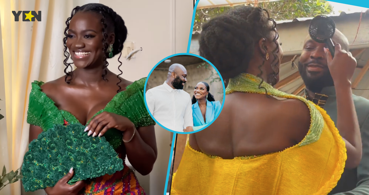 Ghanaian bride looks breathtaking in pleated sleeves and backless kente gowns for her classy wedding