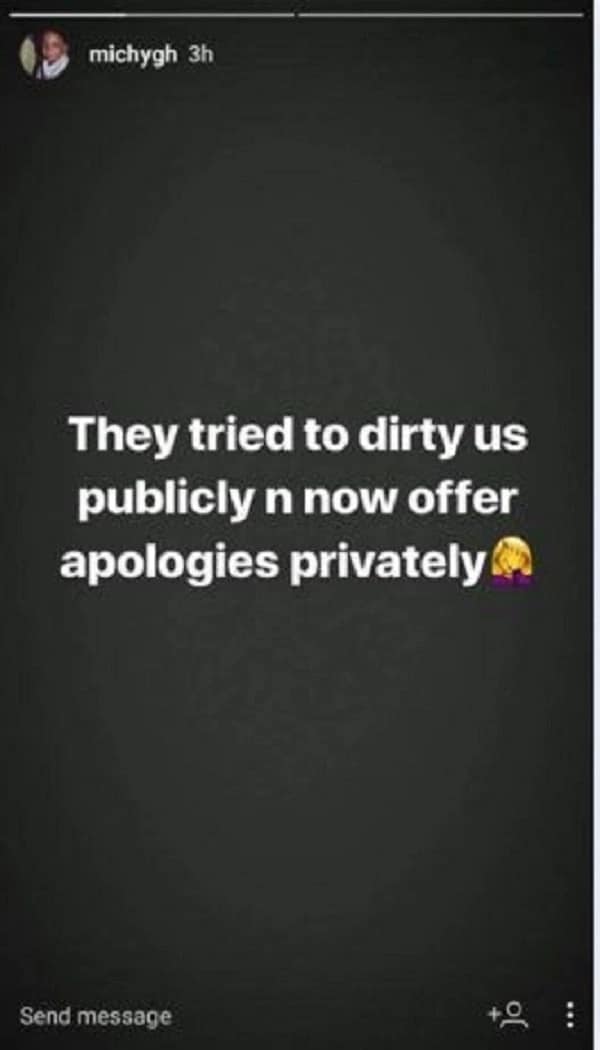 Michy's post allegedly exposing Shatta Wale for apologizing to her privately after his 'adult' video leaked
