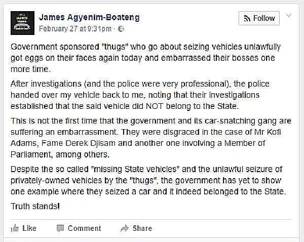 James Agyenim-Boateng's vehicle returned